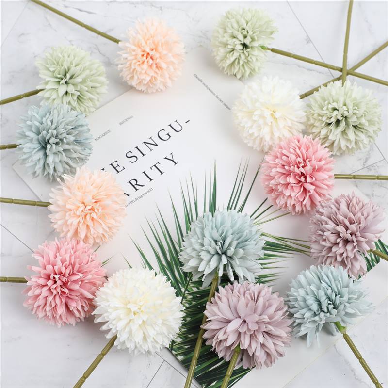 Künstliche Pompon-Chrysantheme, 10 Einzelstiele mit je 1 Blüte, Stoffblüten in Macaron-Farben, für Hochzeit & Dekoration