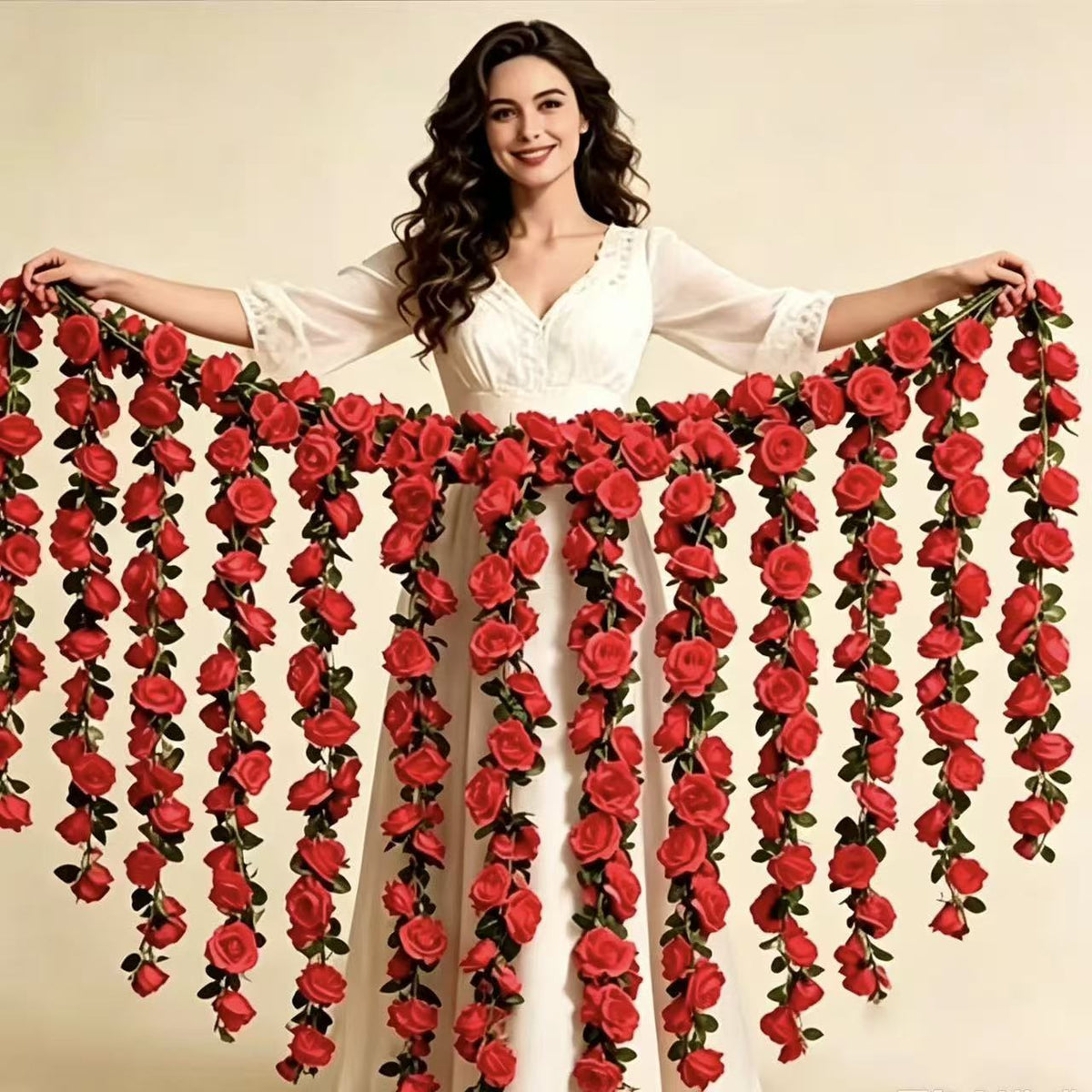 120 cm Kunststoff-Rosengirlande mit 45 Rosenblüten, moderne Hochzeitsdekoration, Innendeko für Haus und Gewerbe