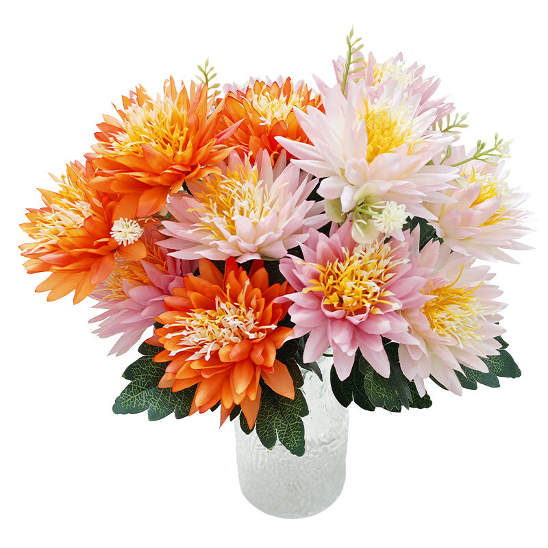 Chrysanthemen-Kunstblume Busch mit 5 Blütenköpfen, Kunstseide-Stoff, Glücks-Chrysantheme, für Wohnen, Hochzeit und Schaufenster