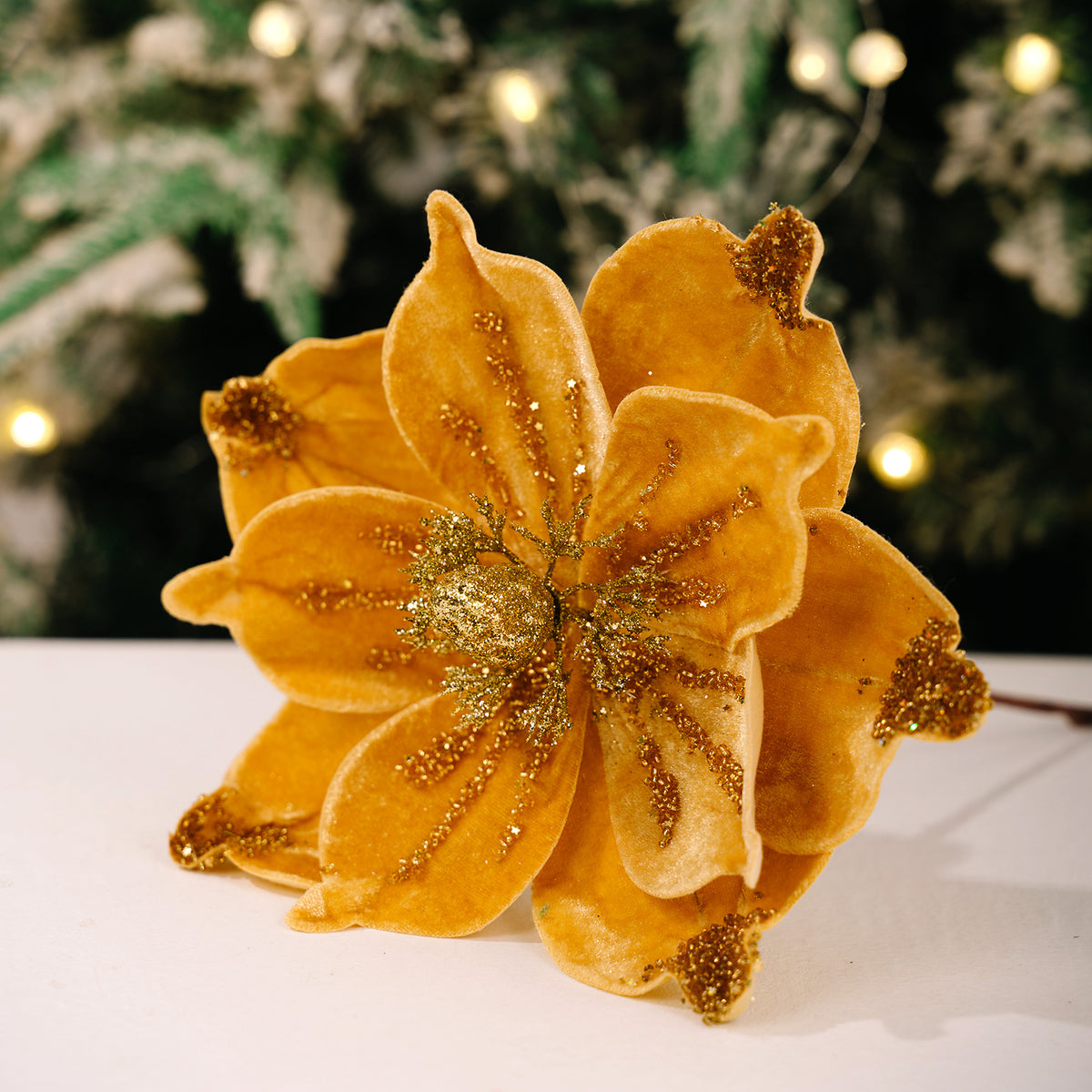 Künstliche Magnolie Weihnachtsblume, Einzelstiel mit 1 Blüte aus Samtstoff, Goldglitzer, für Weihnachtsbaum, Hochzeit & Festdeko