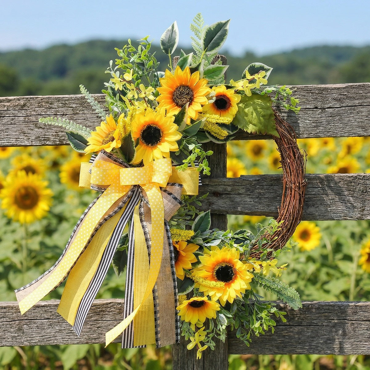 Künstlicher Sonnenblumen-Halbkranz mit Bienen, 45 cm, Herbst-Dekoration, Türschmuck aus Kunststoff
