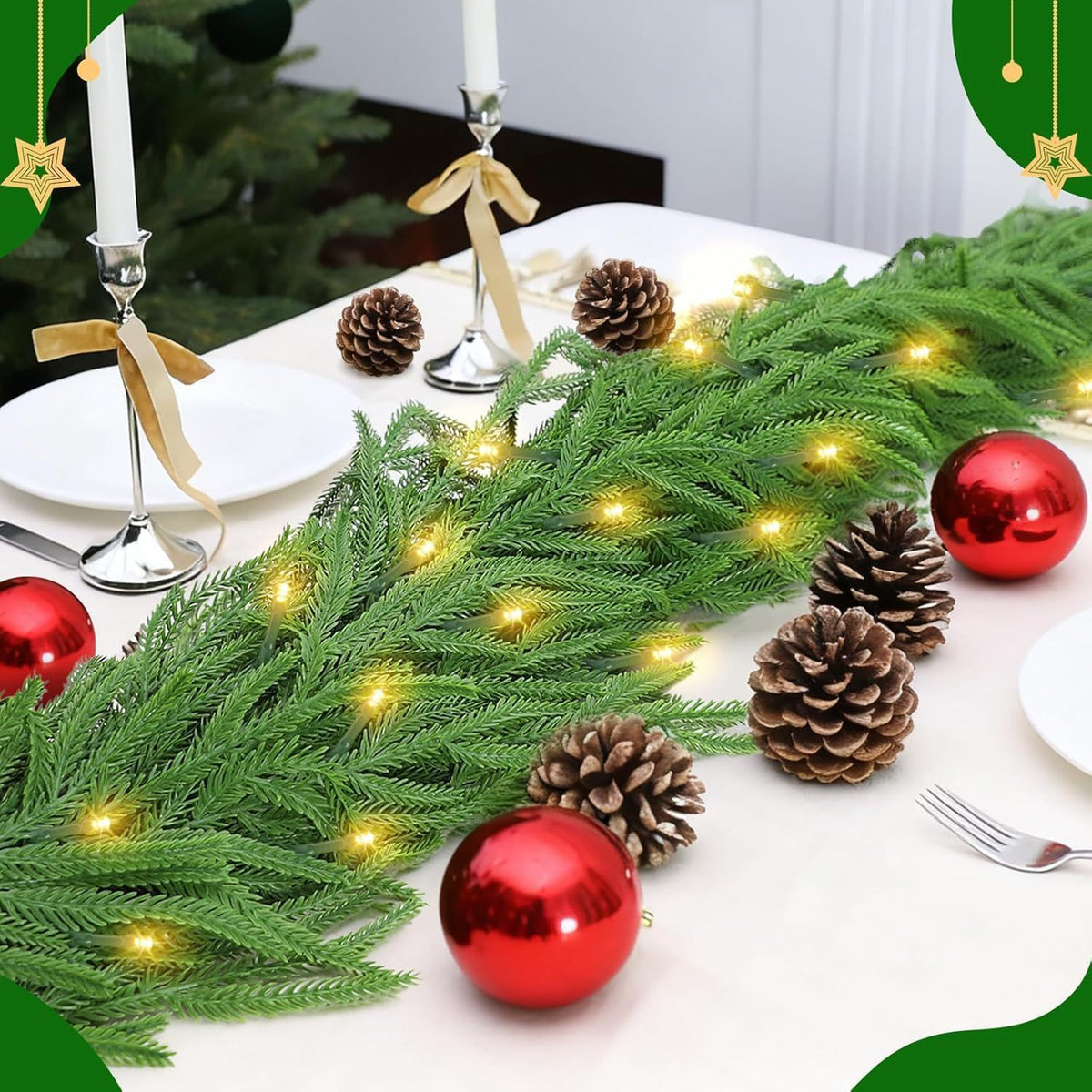 Künstliche Norfolktannen-Girlande mit Lichterkette, 3 Stück, Weichgummi-Optik, Kunststoff, Weihnachten, Haus & Gewerbe