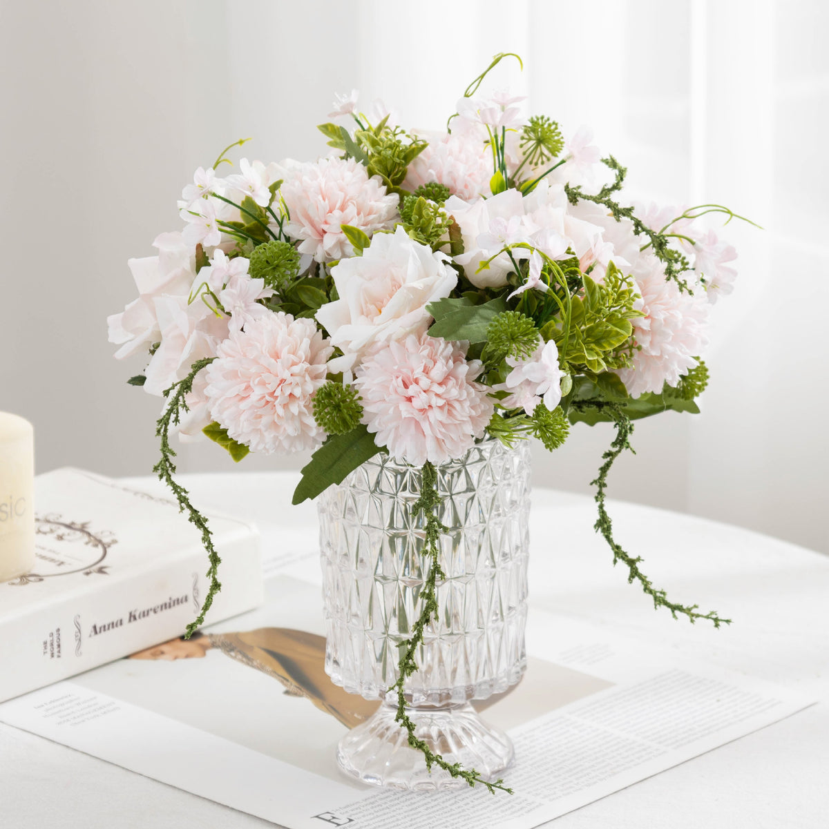 28 cm künstliche Rosenstrauß mit Chrysanthemen und Millet, Kunststoff, 5 Blüten, für Hochzeiten und Innendekoration