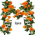 Rosengirlande Orange, 2 Stück, Kunstblumen-Ranke aus Stoff, 200 cm lang, mit Lichterkette, Halloween & Herbstdeko