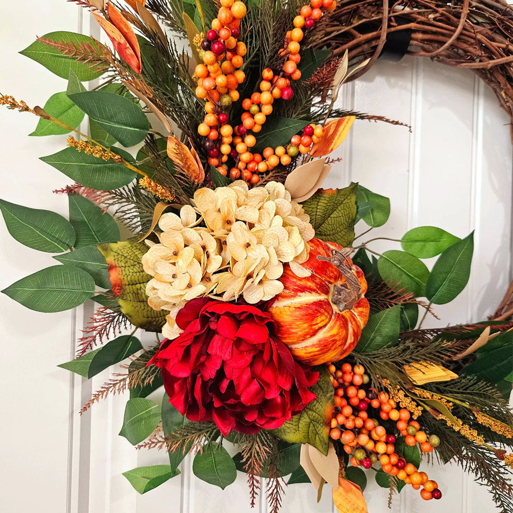 Herbstliche Hagebutten-Hortensien-Girlande, 40 cm, künstlich, rustikale Wanddekoration, Türbehang, Hochzeits- & Festdeko, Grabschmuck