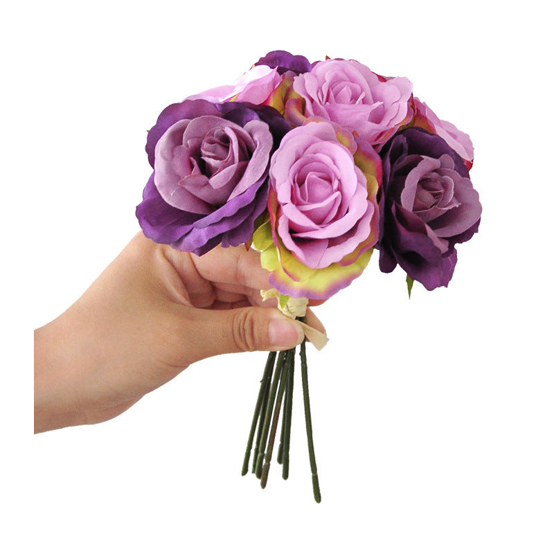 Rosenstrauß Kunstblumen, 7 Rosenblüten, Stoffblumen aus Polyester-Seidenstoff, Brautstrauß, Hochzeit & Deko