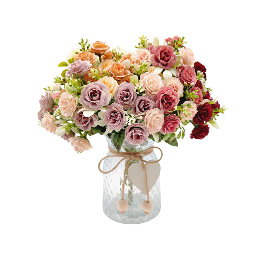 Künstliche Rose, Strauß mit 15 Blüten, 30 cm hoch, Seidenstoff, für Hochzeiten und Innendekoration