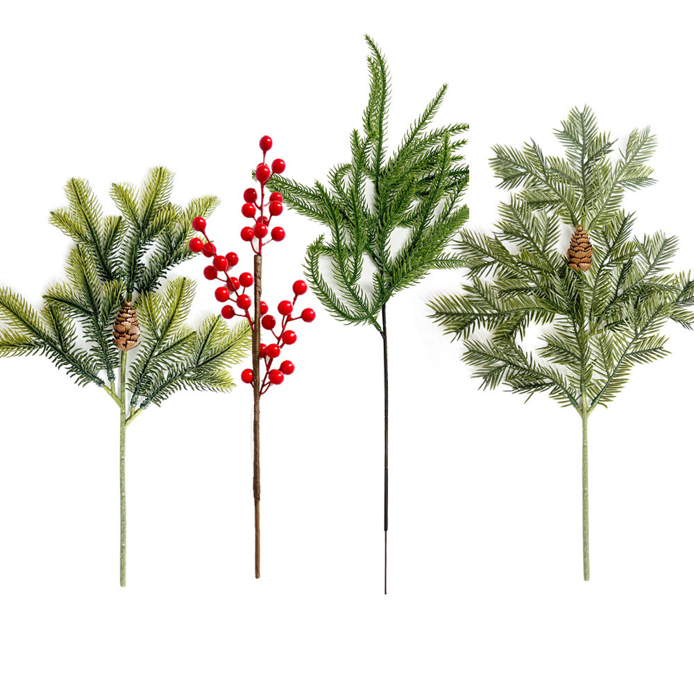 Künstliche Roten Beeren, Kiefernnadeln und Zypressenzweige, Einzelzweig mit Kunststoff, biegbar, für Weihnachtsdeko, Floristik und Schaufenster