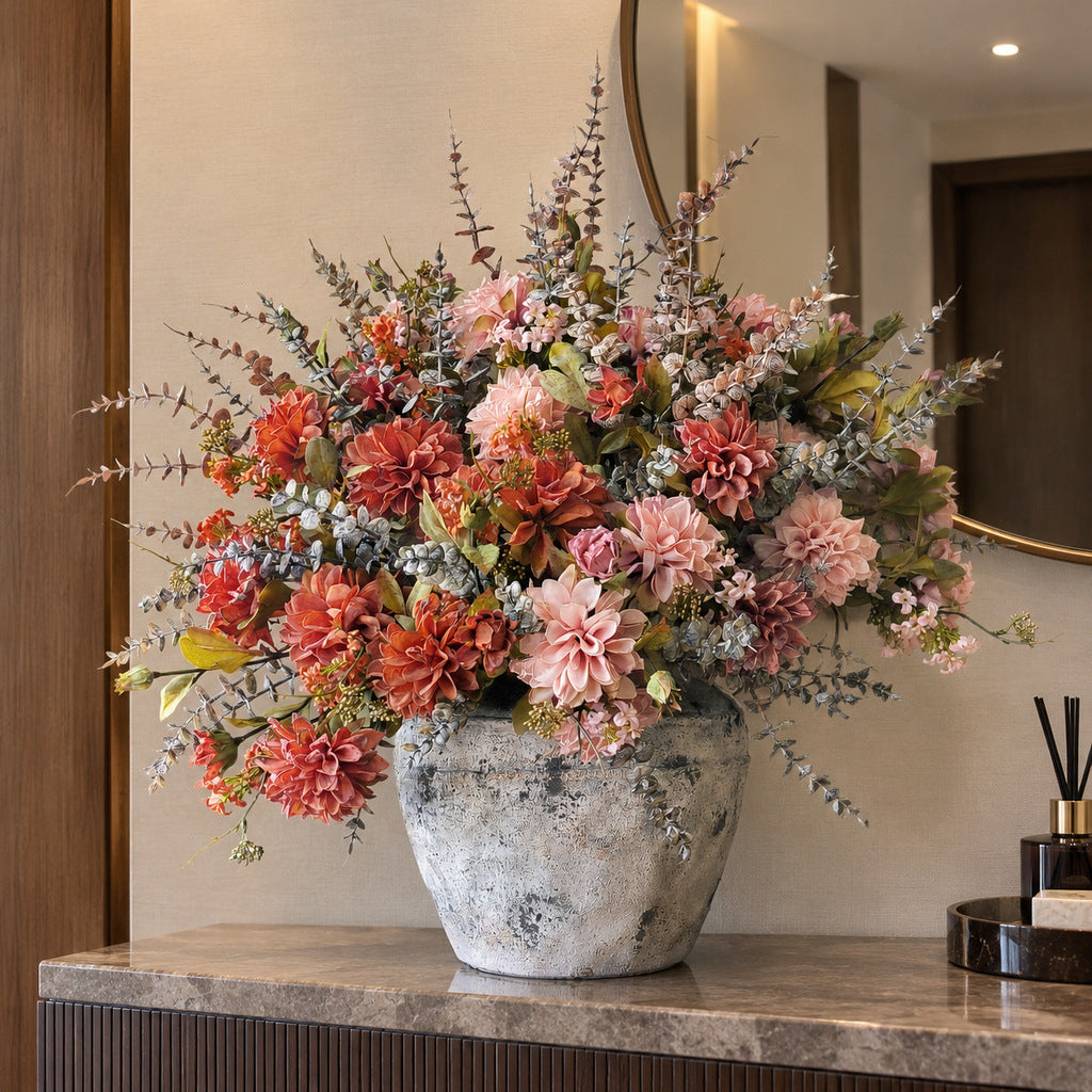 Künstliche Dahlien-Bouquet mit 3 Blütenköpfen, Kunstseide, Herbstfarben mit dunklen Blütenrändern, für Hochzeit und Deko