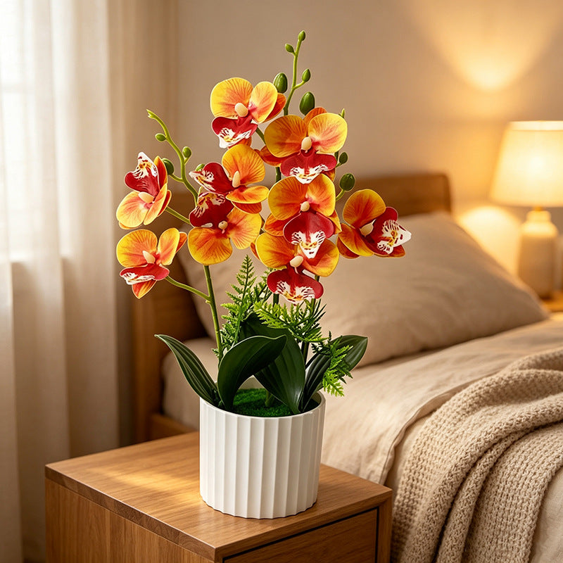 Künstlicher Orchideenstrauß mit 9 Blüten, 31,5 cm hoch inklusive Pflanzgefäß, für Hochzeiten, Innenräume und Dekoration