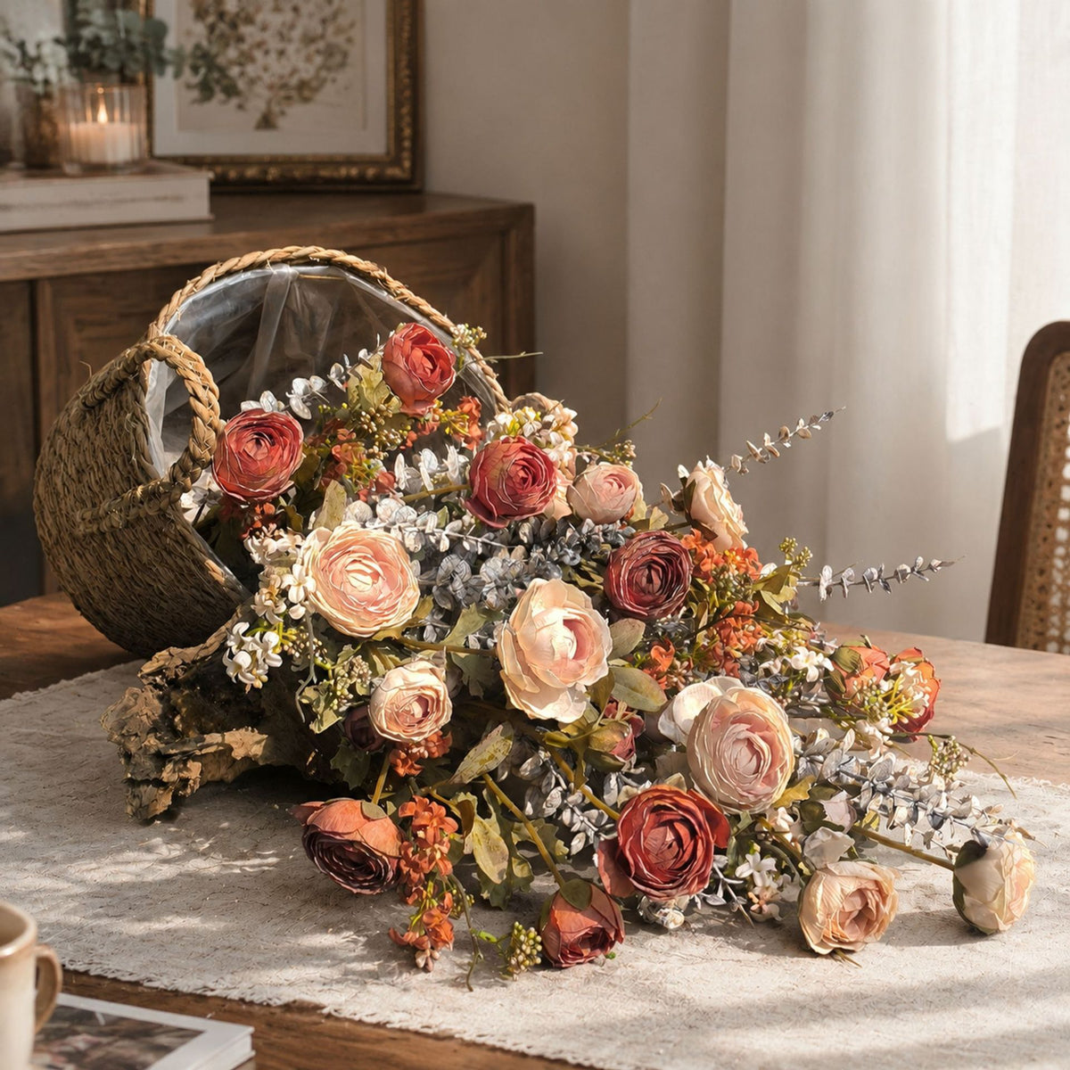 Künstlicher Anemonenstrauß, Kunstblumen im Vintage-Stil mit 5 Blüten, Kunstseide-Optik, für Herbst- und Winterdeko