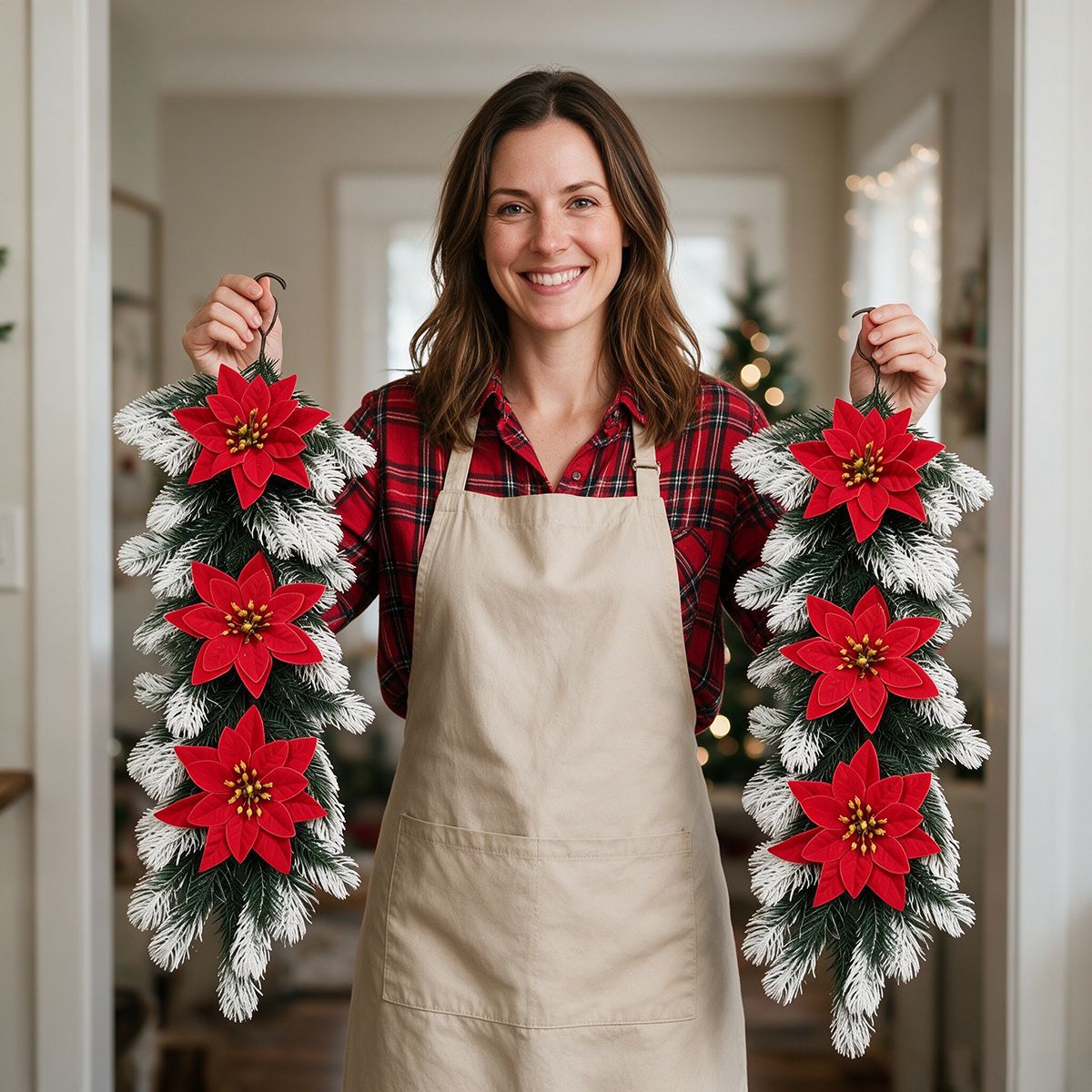 Künstliche Tannennadel-Girlande mit Weihnachtssternen, Kunststoff, hängend, Weihnachtsdeko für Tür und Wand