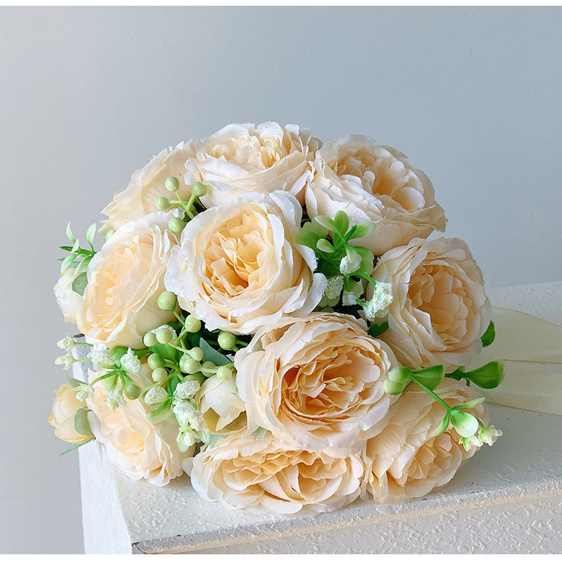 Hochzeits-Brautstrauß künstliche Rosen, 18 Blüten, 30 cm hoch, Seidenblumen für Innen- und Außenbereich