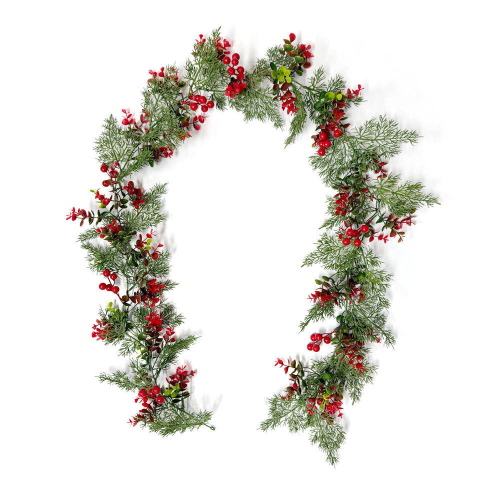 Kunstpflanze Eukalyptus-Ranke mit roten Beeren und Wacholder-Nadeln, Kunststoff, Weihnachtsdeko, für Hochzeit und Gastronomie