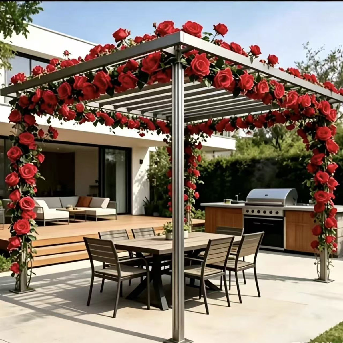 120 cm Kunststoff-Rosengirlande mit 45 Rosenblüten, moderne Hochzeitsdekoration, Innendeko für Haus und Gewerbe