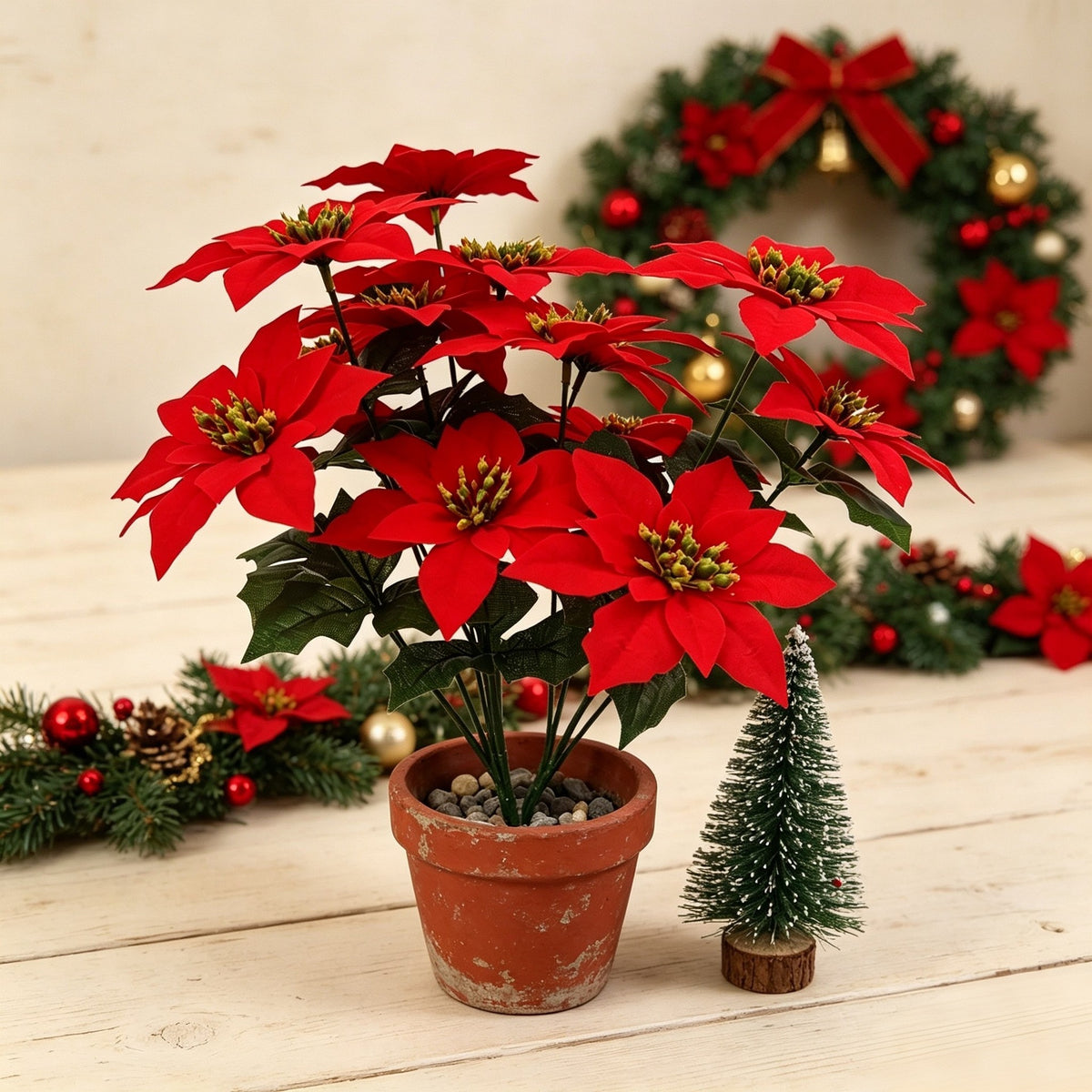 Künstliche Weihnachtsstern-Pflanze, 39 cm hoch mit 5 Blüten, für Hochzeiten, Geschäftsräume und festliche Dekoration