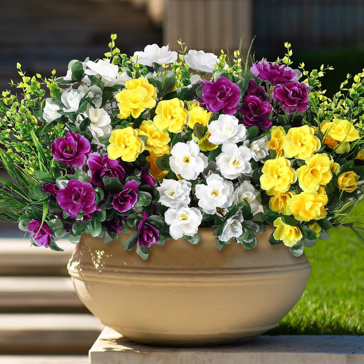 Kunstblumen Eukalyptus & Azalee mit Frühlingsgras, 12er-Pack Büschel, 38 cm, Kunststoff, für Hochzeit & Dekoration