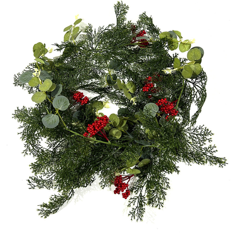 Künstliche Weihnachtsranke mit roten Beeren, Kiefernzweigen und Münzblättern, Kunststoff, 1 Stück, für Innenräume, Schaufenster und Hotel