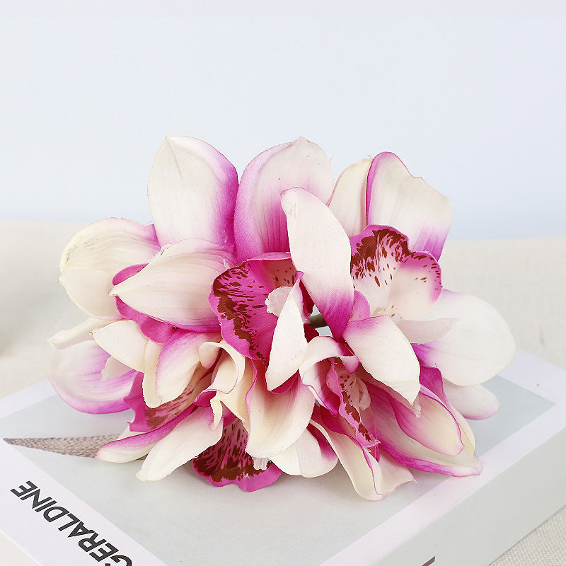 Künstliche Cymbidium-Orchidee, Bouquet mit 6 Blütenköpfen, Latex mit Echtheits-Haptik, für Hochzeit, Hotel und Wohnraum