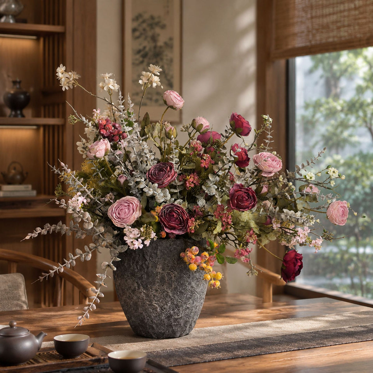 Künstlicher Anemonenstrauß, Kunstblumen im Vintage-Stil mit 5 Blüten, Kunstseide-Optik, für Herbst- und Winterdeko