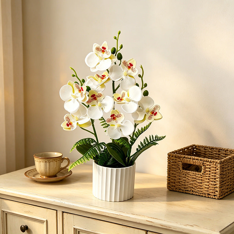 Künstlicher Orchideenstrauß mit 9 Blüten, 31,5 cm hoch inklusive Pflanzgefäß, für Hochzeiten, Innenräume und Dekoration