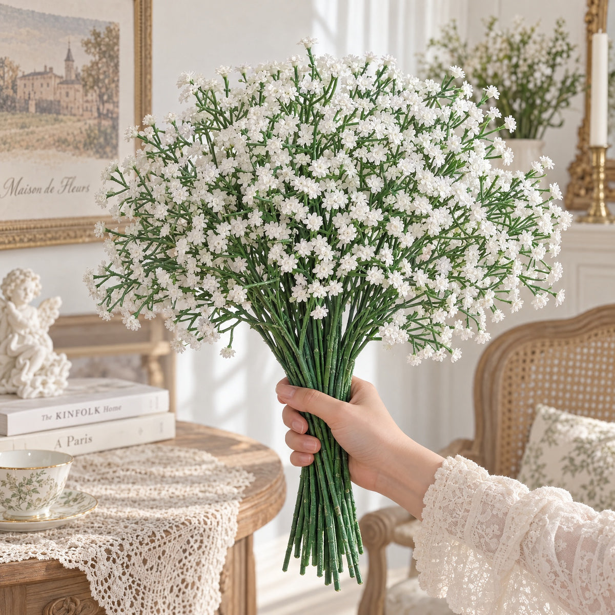 10er Set künstliche Gypsophila (Schleierkraut) Stiele – 27 cm, Silikon, Hochzeit Dekoration, Floristik, Innenraum, weiß & himmelblau