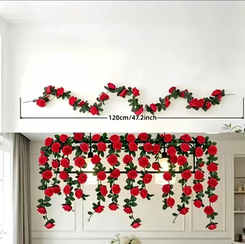 120 cm Kunststoff-Rosengirlande mit 45 Rosenblüten, moderne Hochzeitsdekoration, Innendeko für Haus und Gewerbe