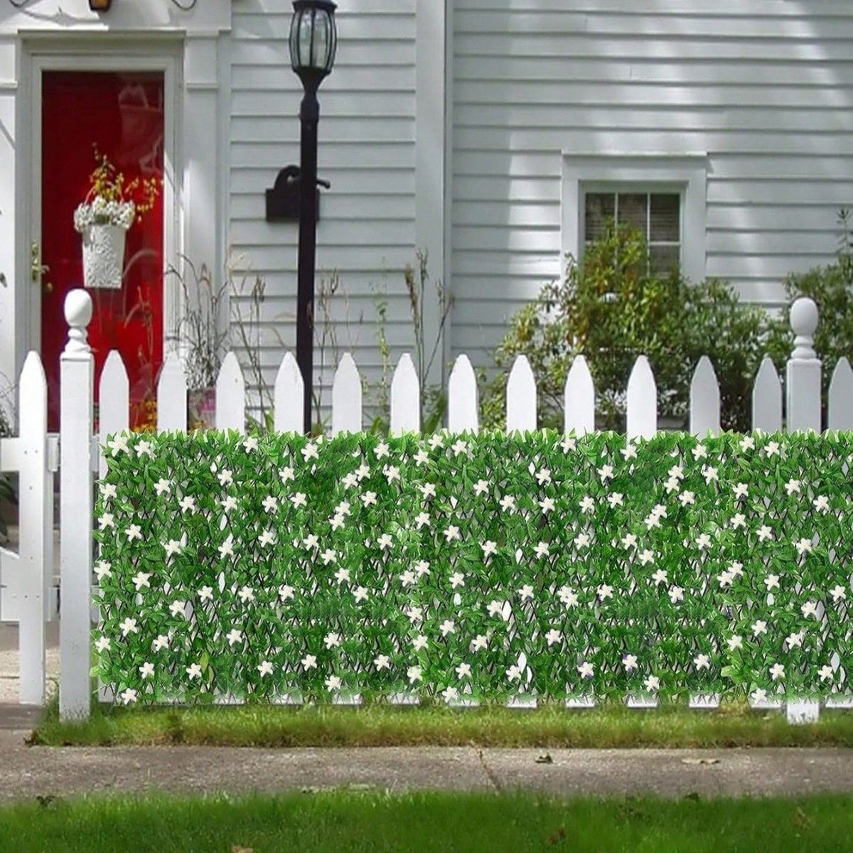 Künstliche Veilchen-Hecke, ausziehbarer Zaun aus Kunstblumen, 1 Stück, Stoff, für Garten, Balkon, Hochzeit und Gastronomie