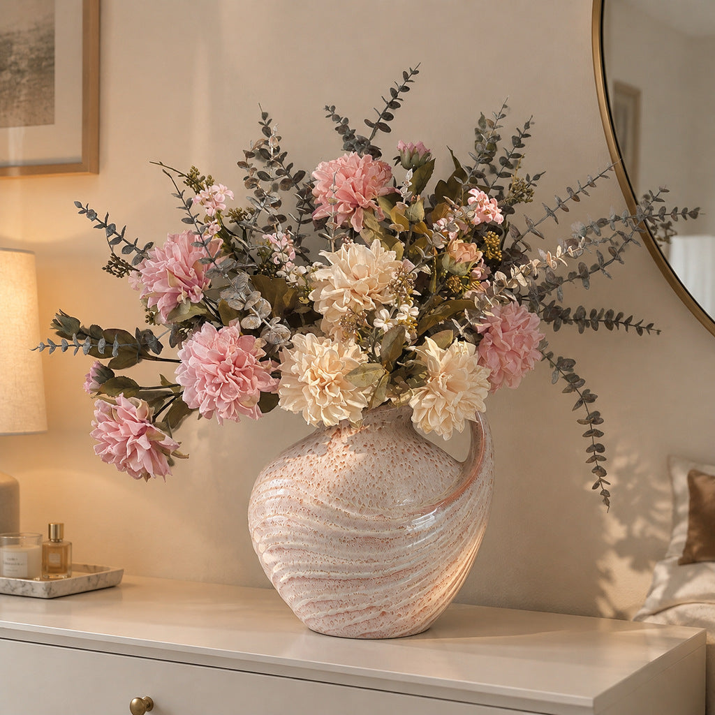 Künstliche Dahlien-Bouquet mit 3 Blütenköpfen, Kunstseide, Herbstfarben mit dunklen Blütenrändern, für Hochzeit und Deko