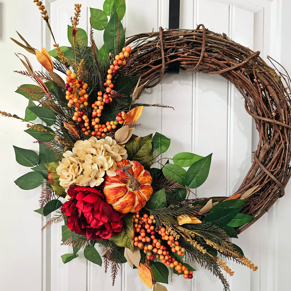 Herbstliche Hagebutten-Hortensien-Girlande, 40 cm, künstlich, rustikale Wanddekoration, Türbehang, Hochzeits- & Festdeko, Grabschmuck