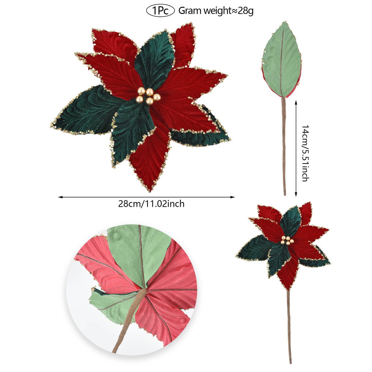 Künstliche Weihnachtsstern-Blüte aus Samtstoff, 28 cm hoch, einzelner Stiel für festliche Dekoration
