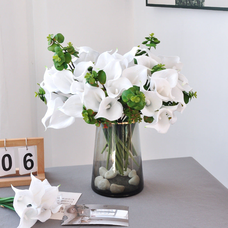 Künstliche Calla-Lilien Bouquet, 7 Blüten, 34 cm hoch, PU-Material, für Hochzeiten und Innendekoration