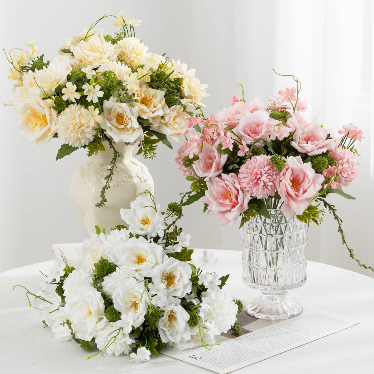 28 cm künstliche Rosenstrauß mit Chrysanthemen und Millet, Kunststoff, 5 Blüten, für Hochzeiten und Innendekoration