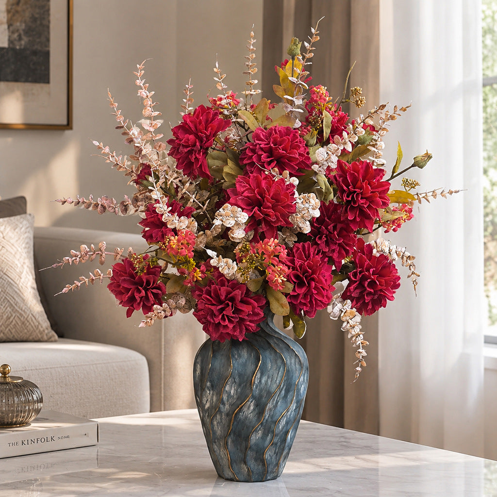 Künstliche Dahlien-Bouquet mit 3 Blütenköpfen, Kunstseide, Herbstfarben mit dunklen Blütenrändern, für Hochzeit und Deko
