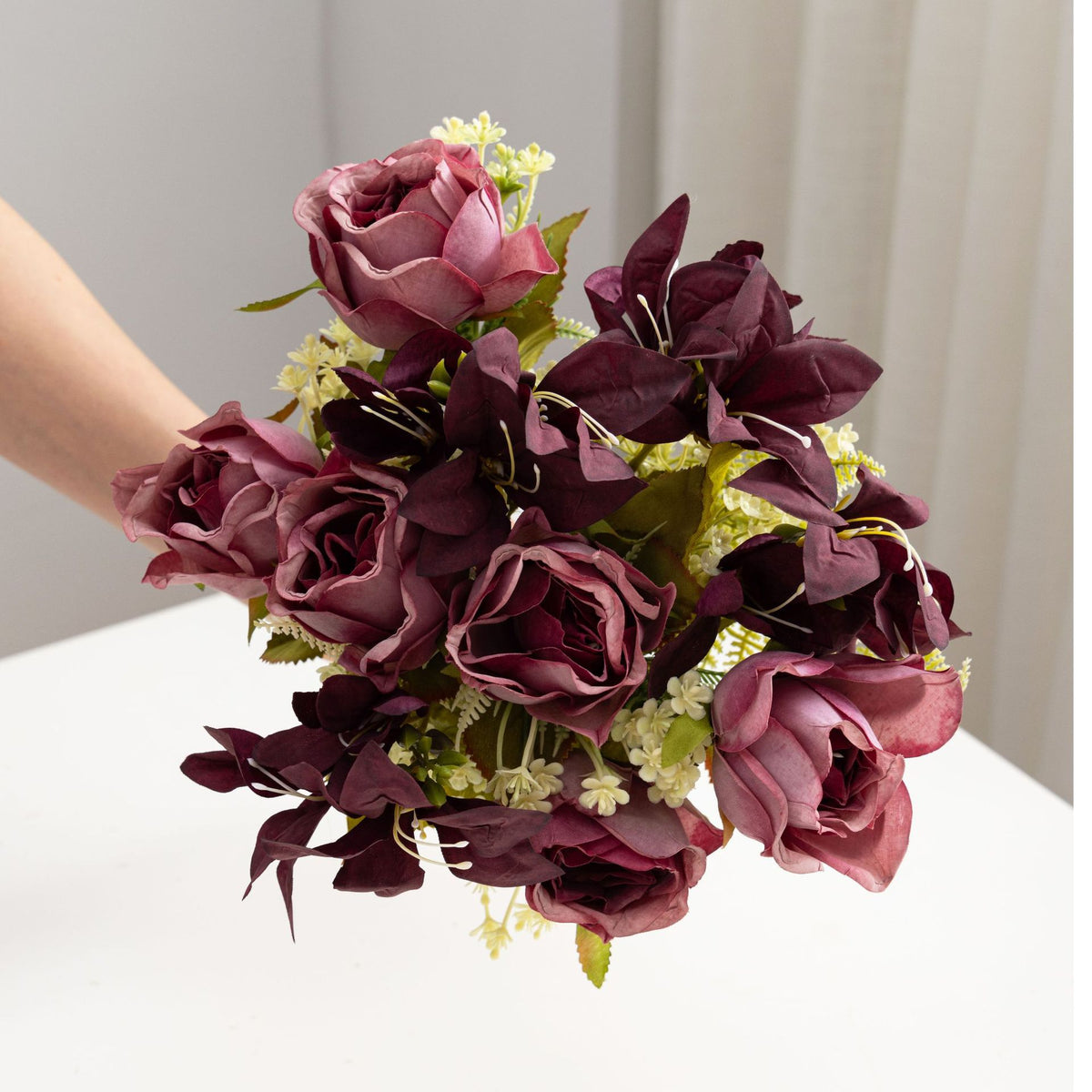 34 cm künstliche Rosenstrauß, realistisch, für Hochzeiten, Außendekoration, Wohnaccessoires