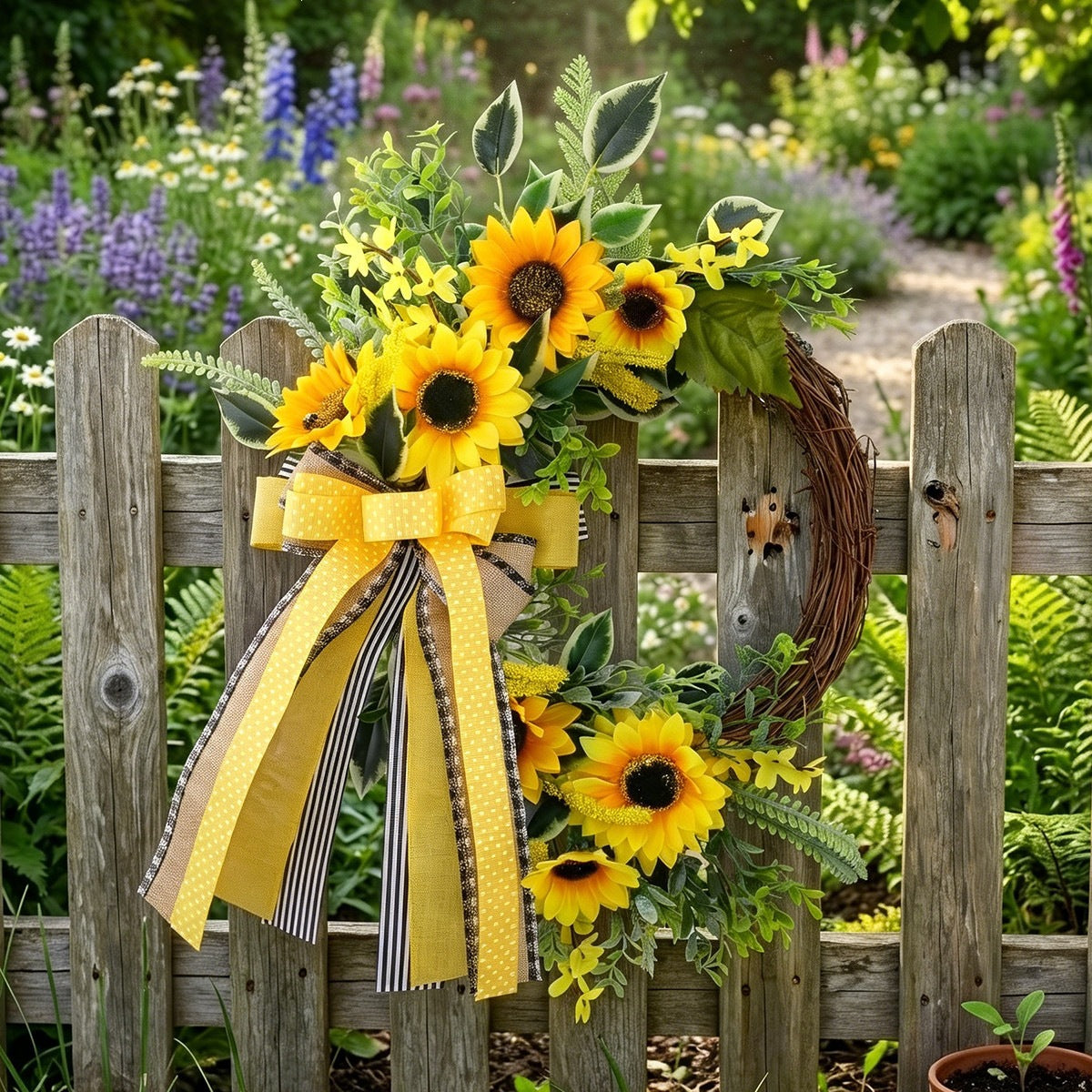 Künstlicher Sonnenblumen-Halbkranz mit Bienen, 45 cm, Herbst-Dekoration, Türschmuck aus Kunststoff