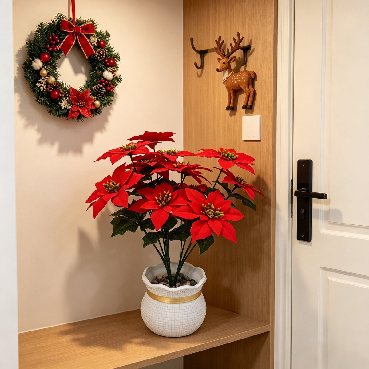 Künstliche Weihnachtsstern-Pflanze, 39 cm hoch mit 5 Blüten, für Hochzeiten, Geschäftsräume und festliche Dekoration
