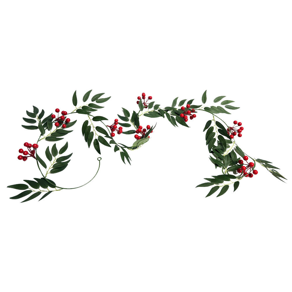 Künstliche Weidenblatt-Ranke mit roten Beeren, 2er-Set Girlande aus Kunstseide, Weihnachtsdeko für Tür, Haus und Schaufenster