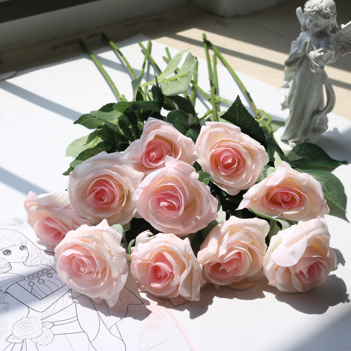 Künstliche Rosenblüten Bouquet aus Seidenstoff, 10 Stück, 43 cm, für Hochzeit, Dekoration, Innenraum