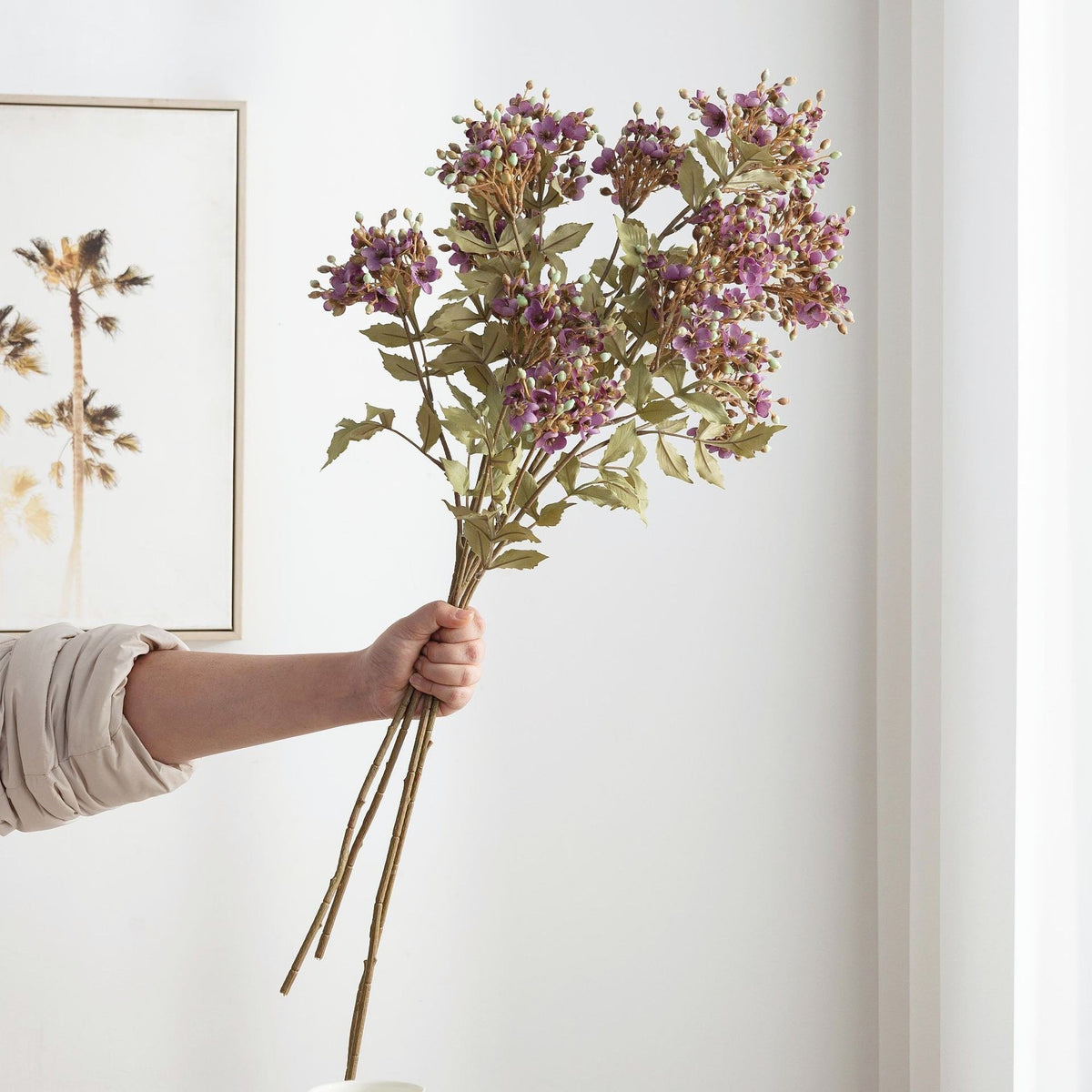 Künstliche Schneeball-Blüte (Viburnum), Kunstblume mit 3 Blütenköpfen, Kunstseide-Stoff, für Hochzeit, Hotel und Heimdeko