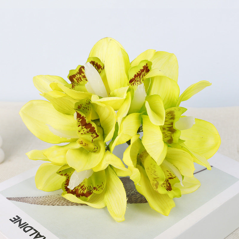 Künstliche Cymbidium-Orchidee, Bouquet mit 6 Blütenköpfen, Latex mit Echtheits-Haptik, für Hochzeit, Hotel und Wohnraum