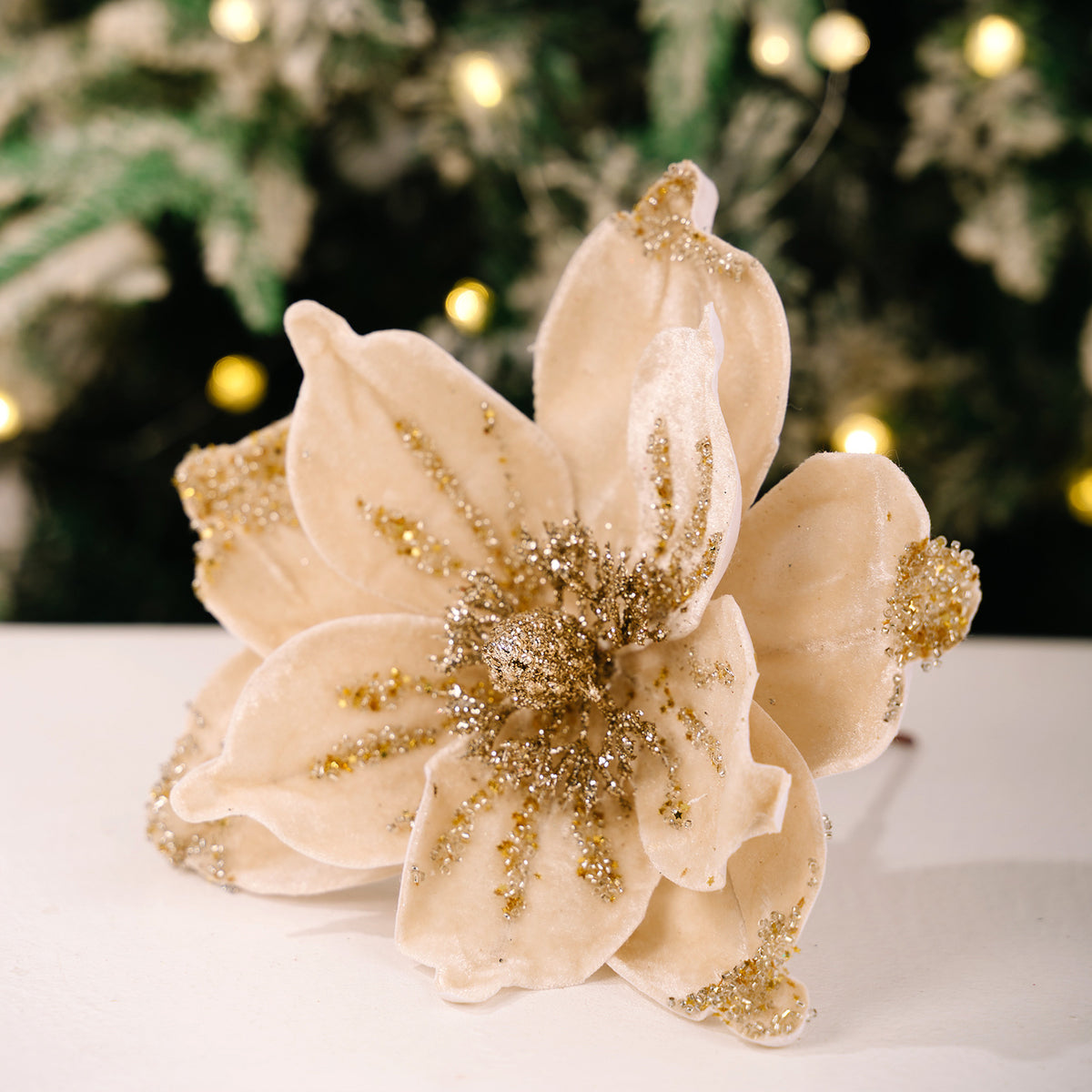 Künstliche Magnolie Weihnachtsblume, Einzelstiel mit 1 Blüte aus Samtstoff, Goldglitzer, für Weihnachtsbaum, Hochzeit & Festdeko