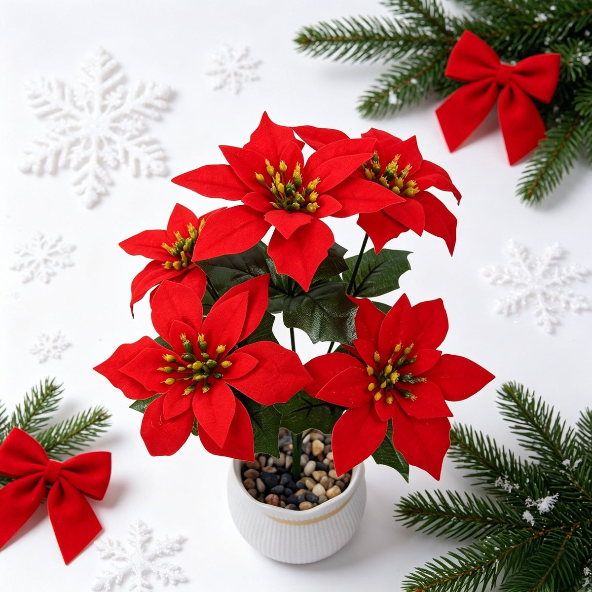 Künstliche Weihnachtssterne, 5-blütiger Busch aus Seidenstoff, 36,5 cm hoch, für Hochzeiten, Büros und Innenräume