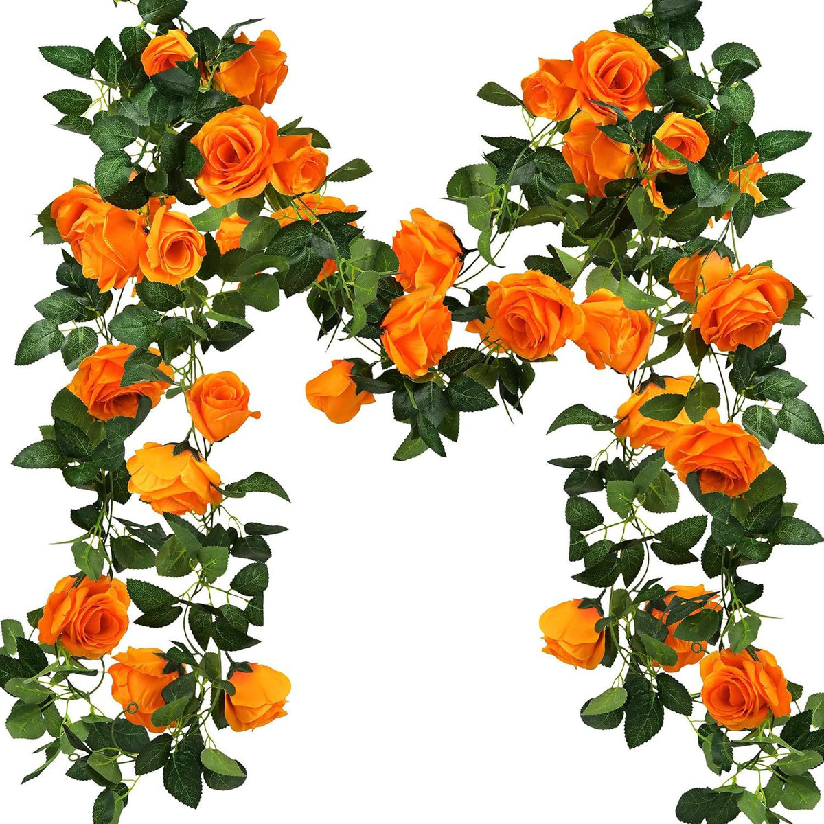 Rosengirlande Orange, 2 Stück, Kunstblumen-Ranke aus Stoff, 200 cm lang, mit Lichterkette, Halloween & Herbstdeko