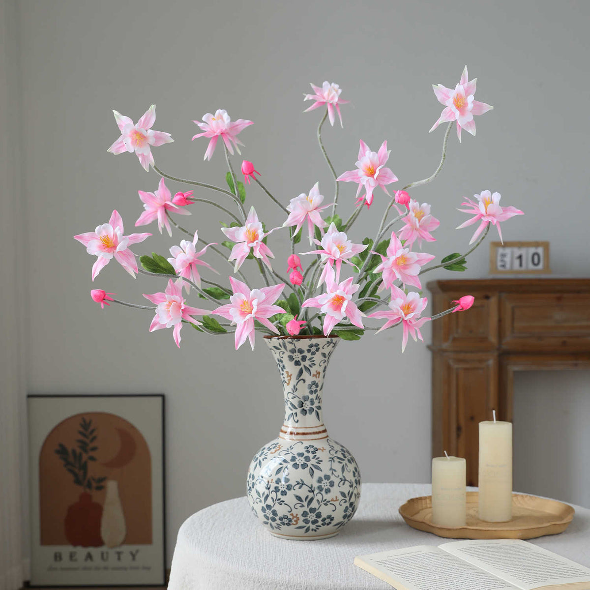 Künstliche Clematis 88 cm, Seidenblumen-Busch mit 9 Blüten, ländlicher Stil für Hochzeit, Innenraum, Tischdeko