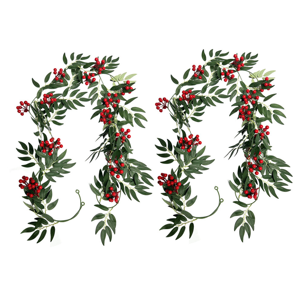 Künstliche Weidenblatt-Ranke mit roten Beeren, 2er-Set Girlande aus Kunstseide, Weihnachtsdeko für Tür, Haus und Schaufenster