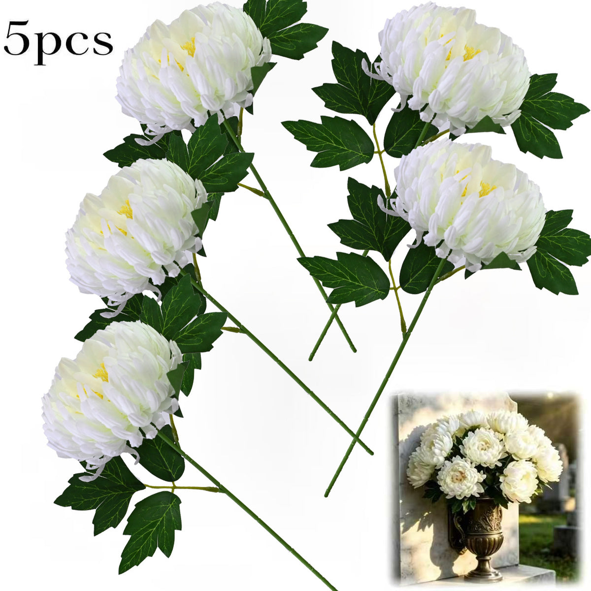 Künstliche Chrysantheme, einzelner Stiel mit 1 Blüte, 34 cm hoch, Seidenstoff, für Innen- und Außendekoration