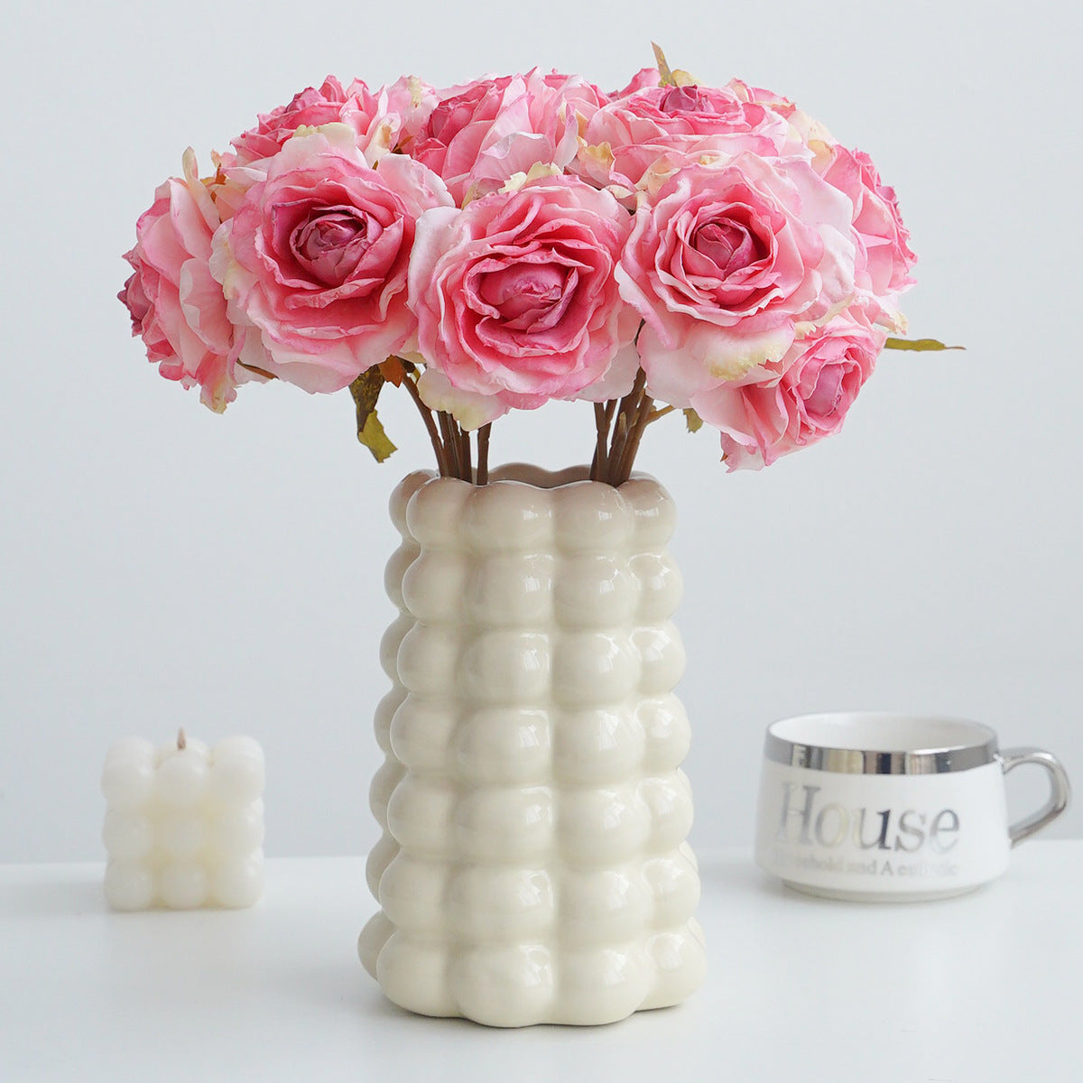 7-Blüten-Rosenstrauß, künstliche Vintage-Rosen, 35 cm, für Hochzeit, Dekoration, Innenraum