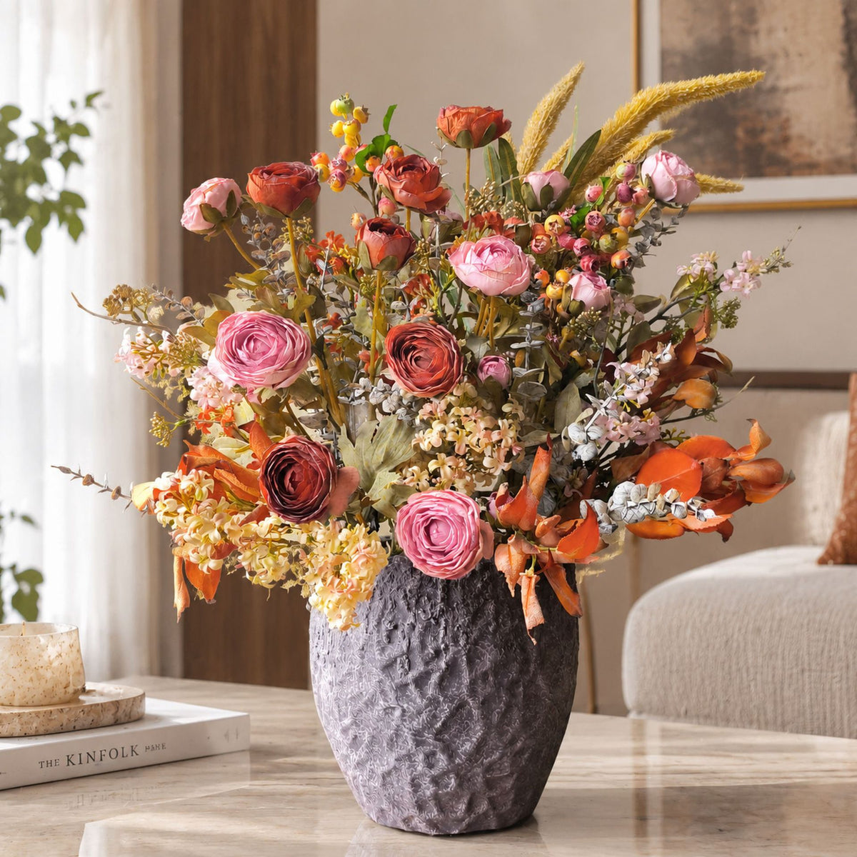 Künstlicher Anemonenstrauß, Kunstblumen im Vintage-Stil mit 5 Blüten, Kunstseide-Optik, für Herbst- und Winterdeko