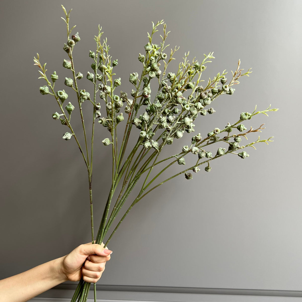 Kunstpflanze Eukalyptus mit Früchten, Bund mit 3 Zweigen, 5er-Pack, Kunststoffzweige, Hochzeit, Schaufenster, Hotel